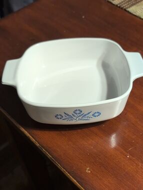 Vintage 1 Quart Corning Ware White Ceramic Baking Dish with Blue Floral Accent